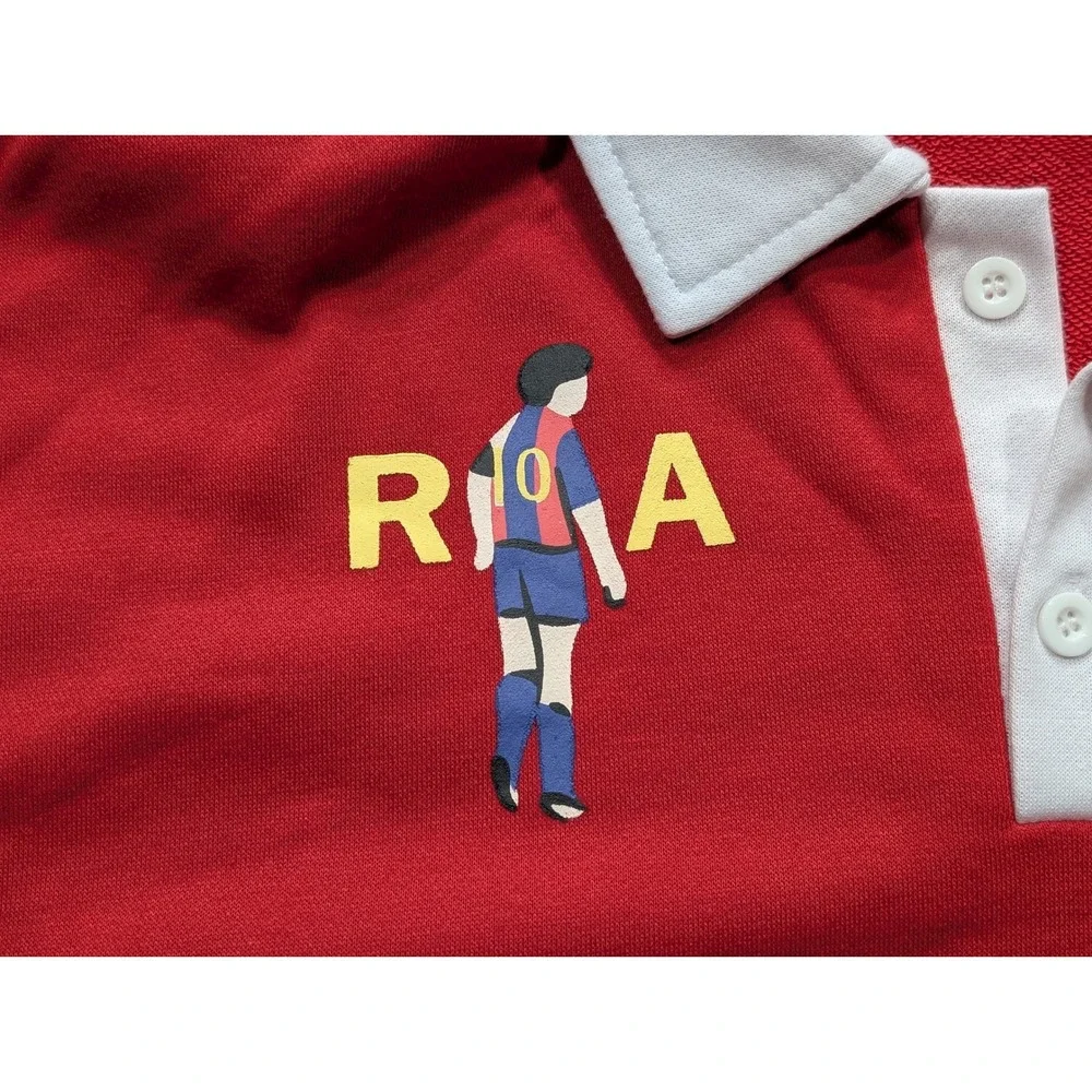 Roma Soccer Maradona Rugby Polo Shirt Red Colorblock Long Sleeve Men's Large